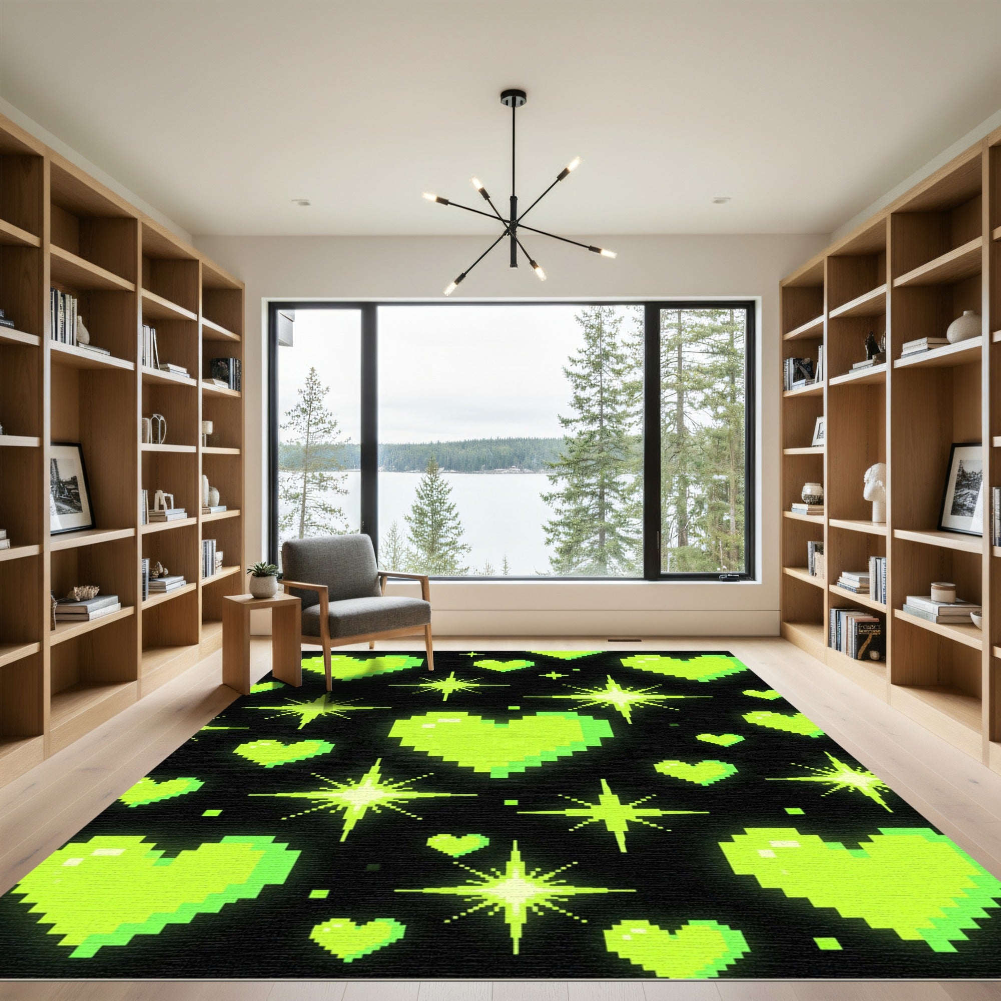 Neon Pixel Heart and Sparkle Art Rug