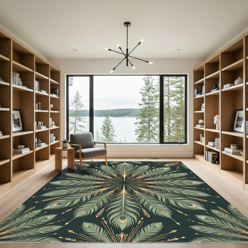 Emerald Gold Peacock Feather Fan Rug