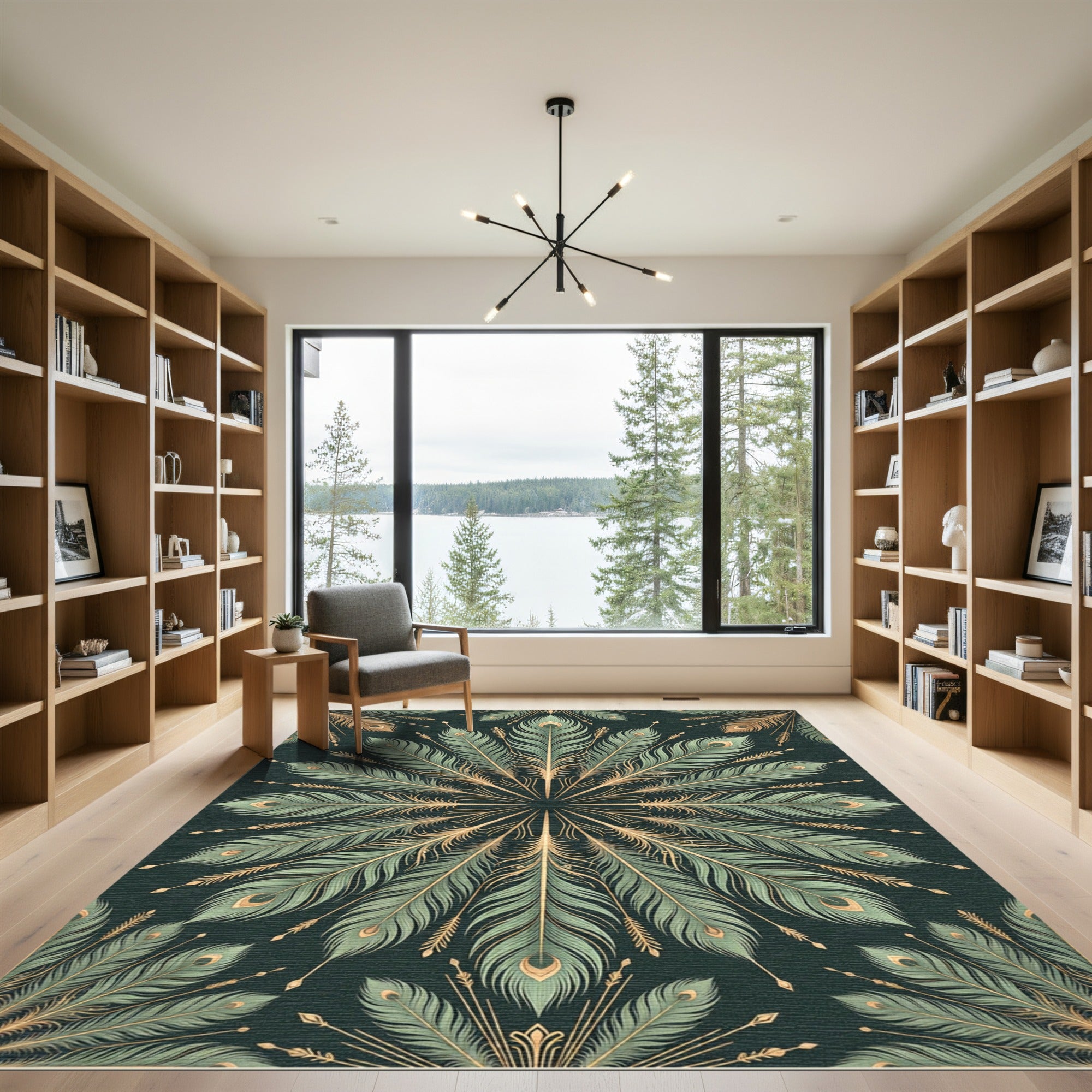 Emerald Gold Peacock Feather Fan Rug