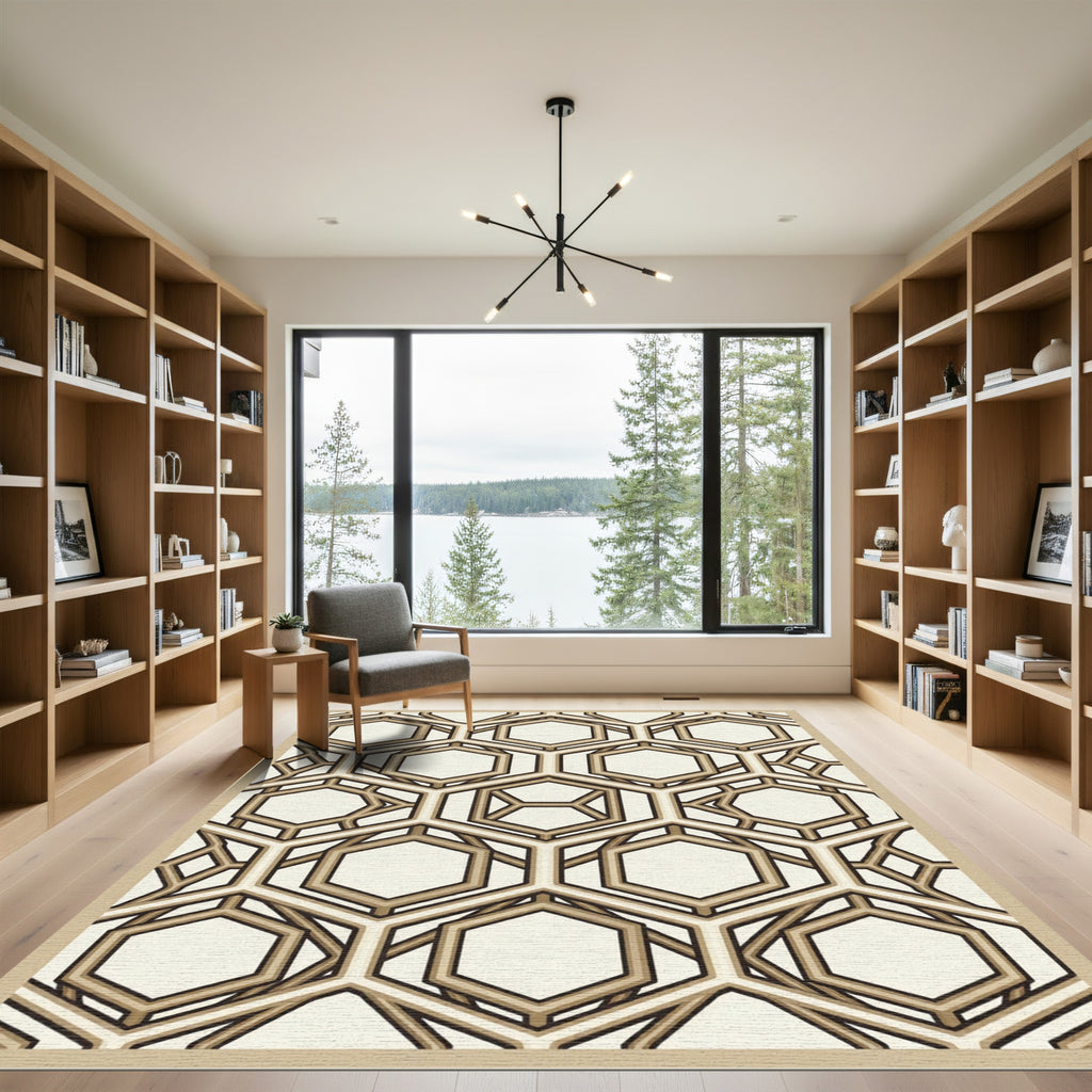 Sophisticated Beige and Brown Geometric Hexagon Rug