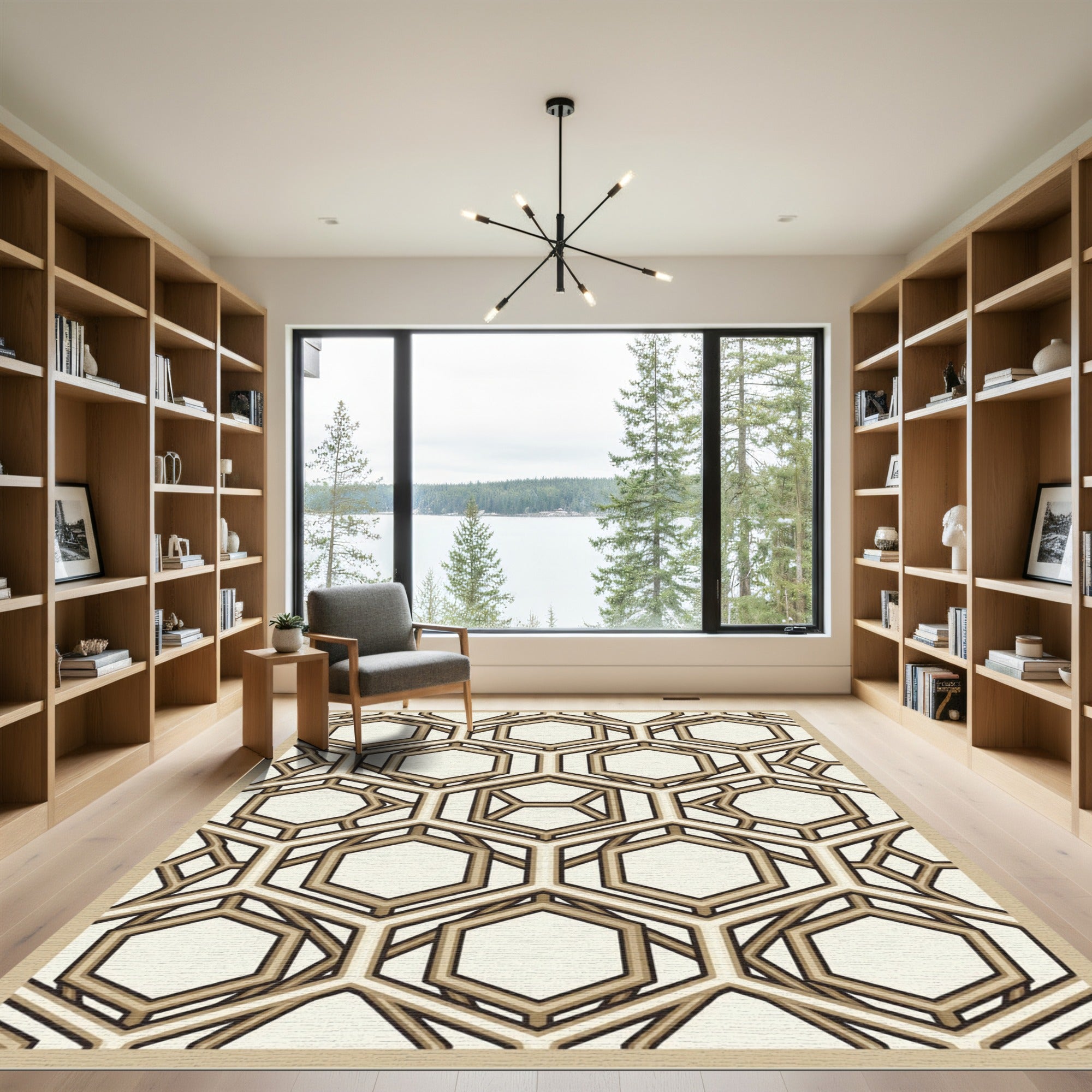 Sophisticated Beige and Brown Geometric Hexagon Rug