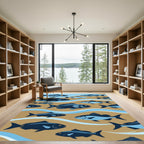 Abstract Blue Fish School Ocean Scene Rug