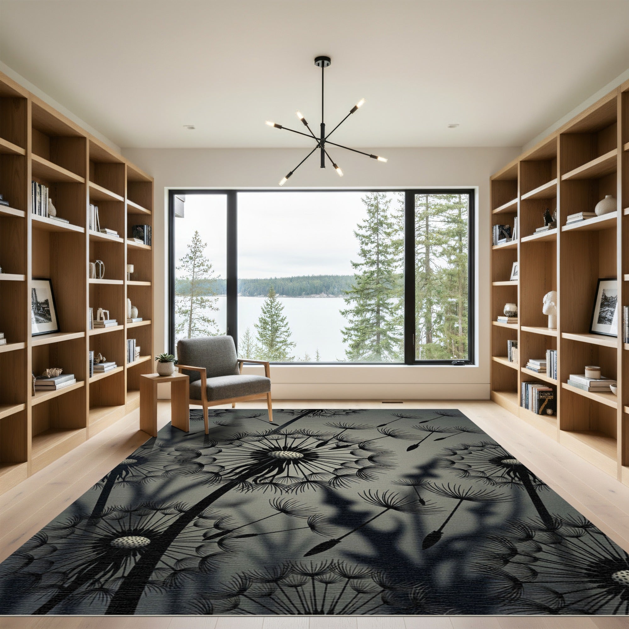 Monochrome Dandelion Silhouette Botanical Art Rug