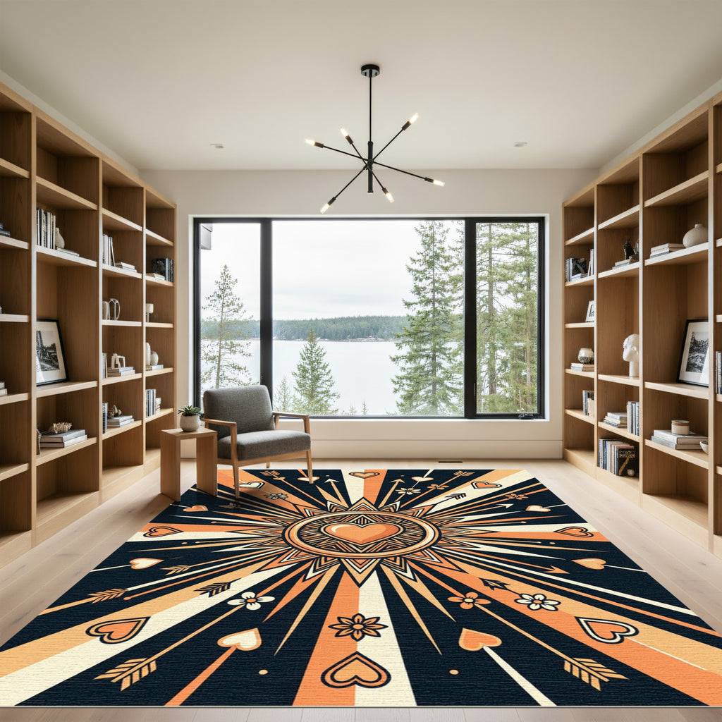 Radiant Orange Heart Sunburst Rug