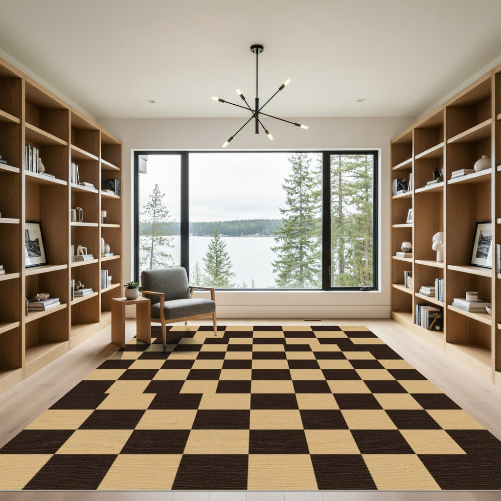 Abstract Beige and Charcoal Checkerboard Rug