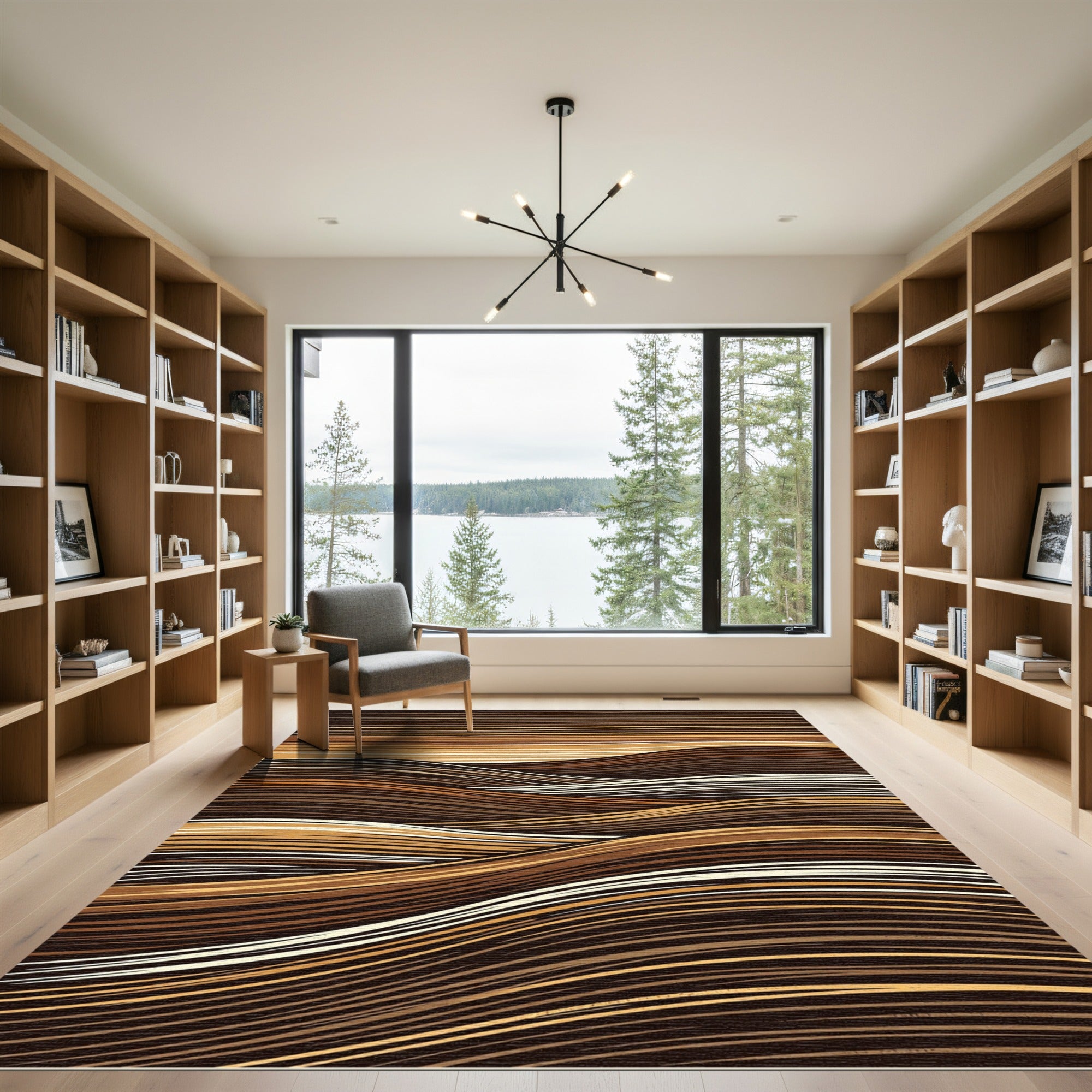 Earthy Brown Abstract Wavy Striped Rug