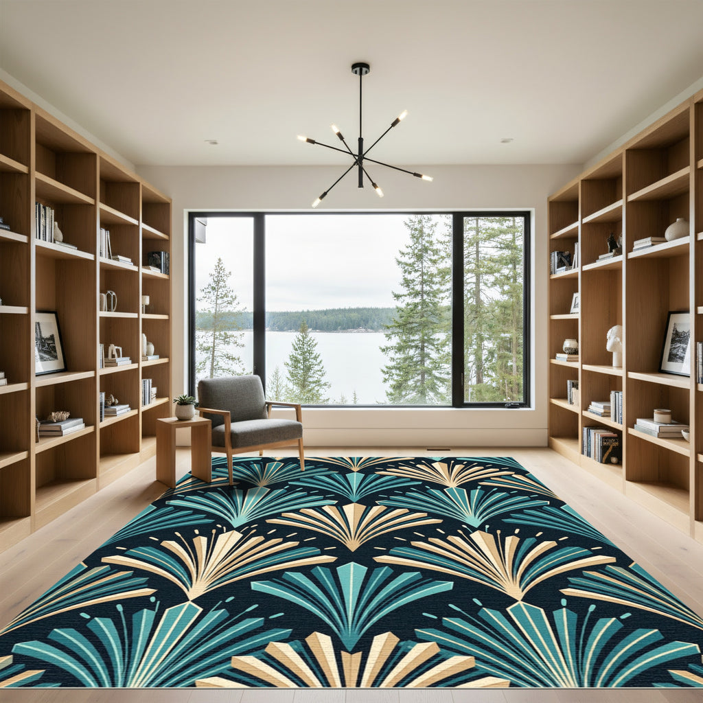 Art Deco Teal Gold Fan Scatter Rug