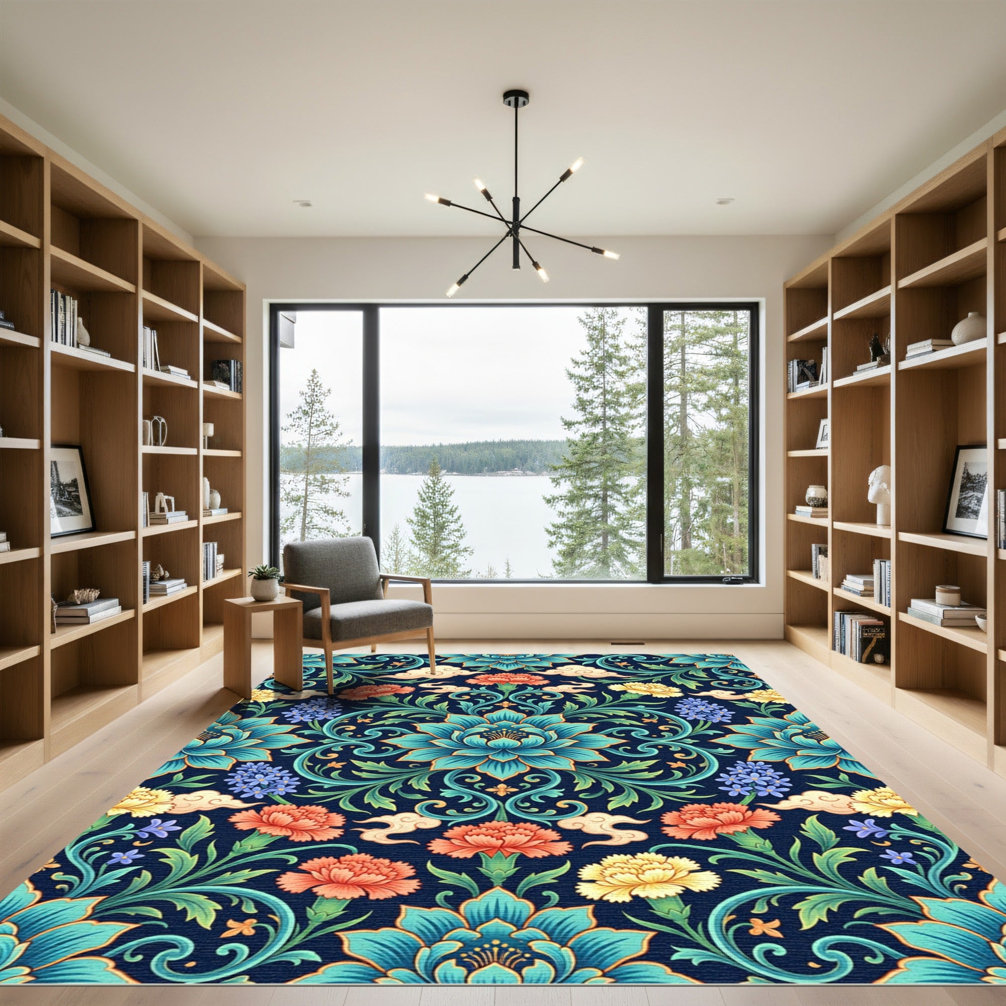 Ornate Teal Floral Blossom Cloud Tapestry Rug