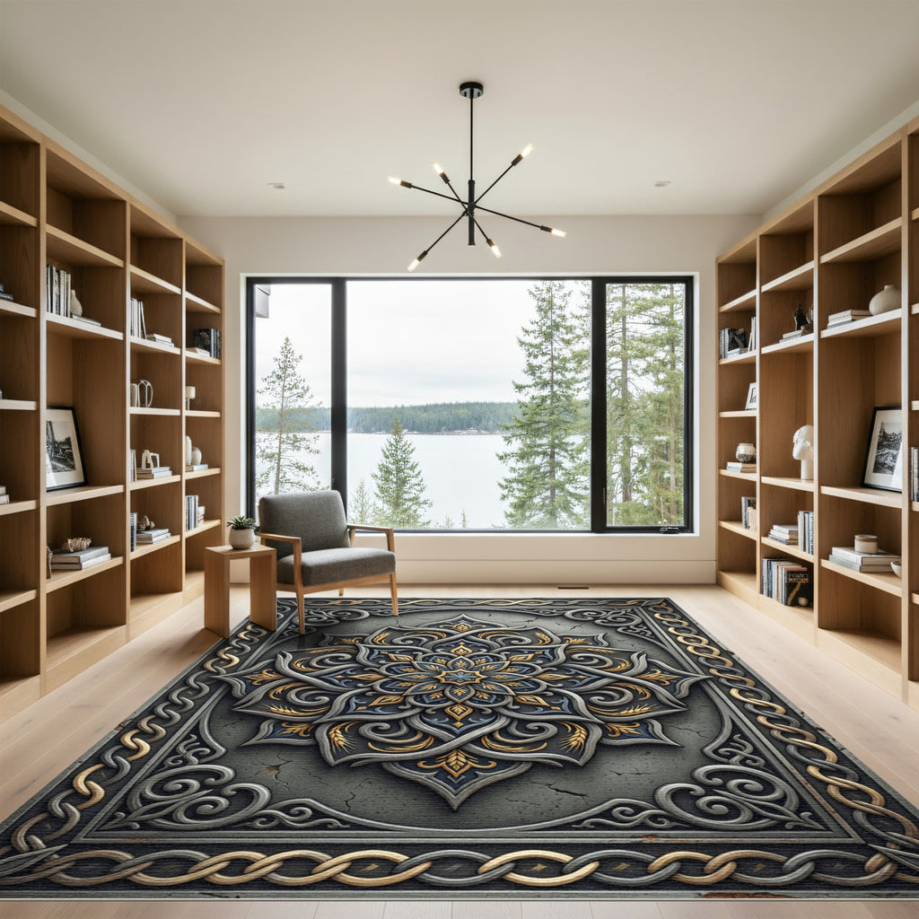 Ornate Silver Gold Filigree Medallion Rug