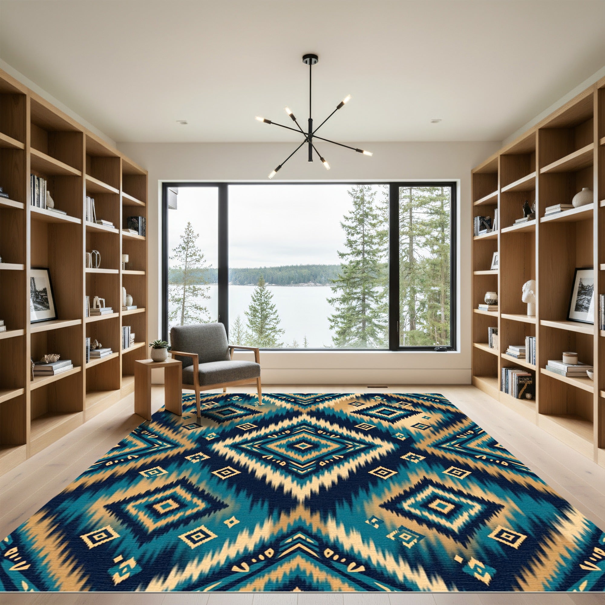 Teal Gold Diamond Jagged Edge Abstract Rug