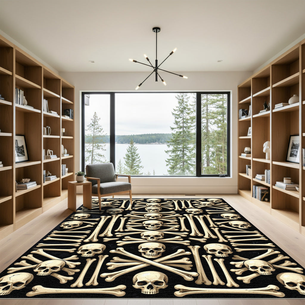 Gothic Monochrome Skull and Bone Mosaic Rug