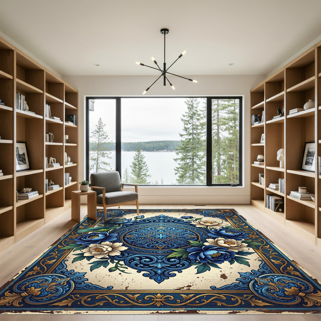 Elegant Blue Floral Medallion Scrollwork Rug