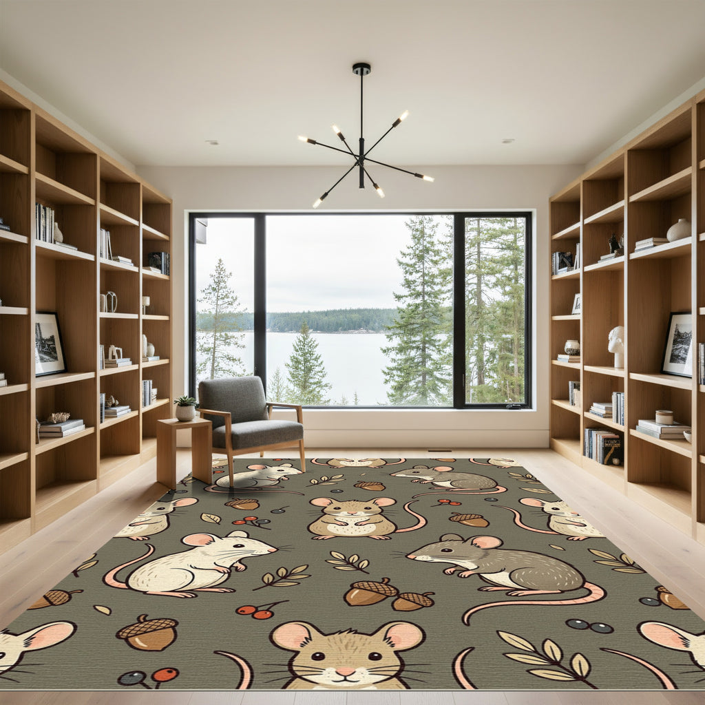 Whimsical Forest Mouse and Acorn Rug