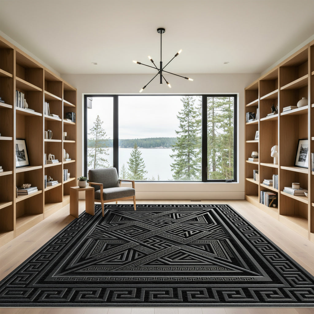 Monochrome Geometric Labyrinth Relief Rug