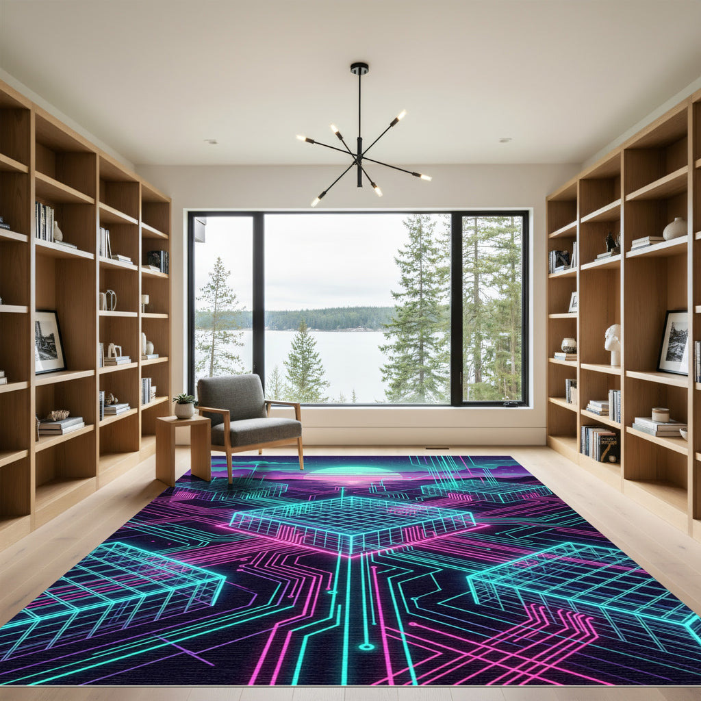 Neon Synthwave Cyber Grid Circuit Art Rug