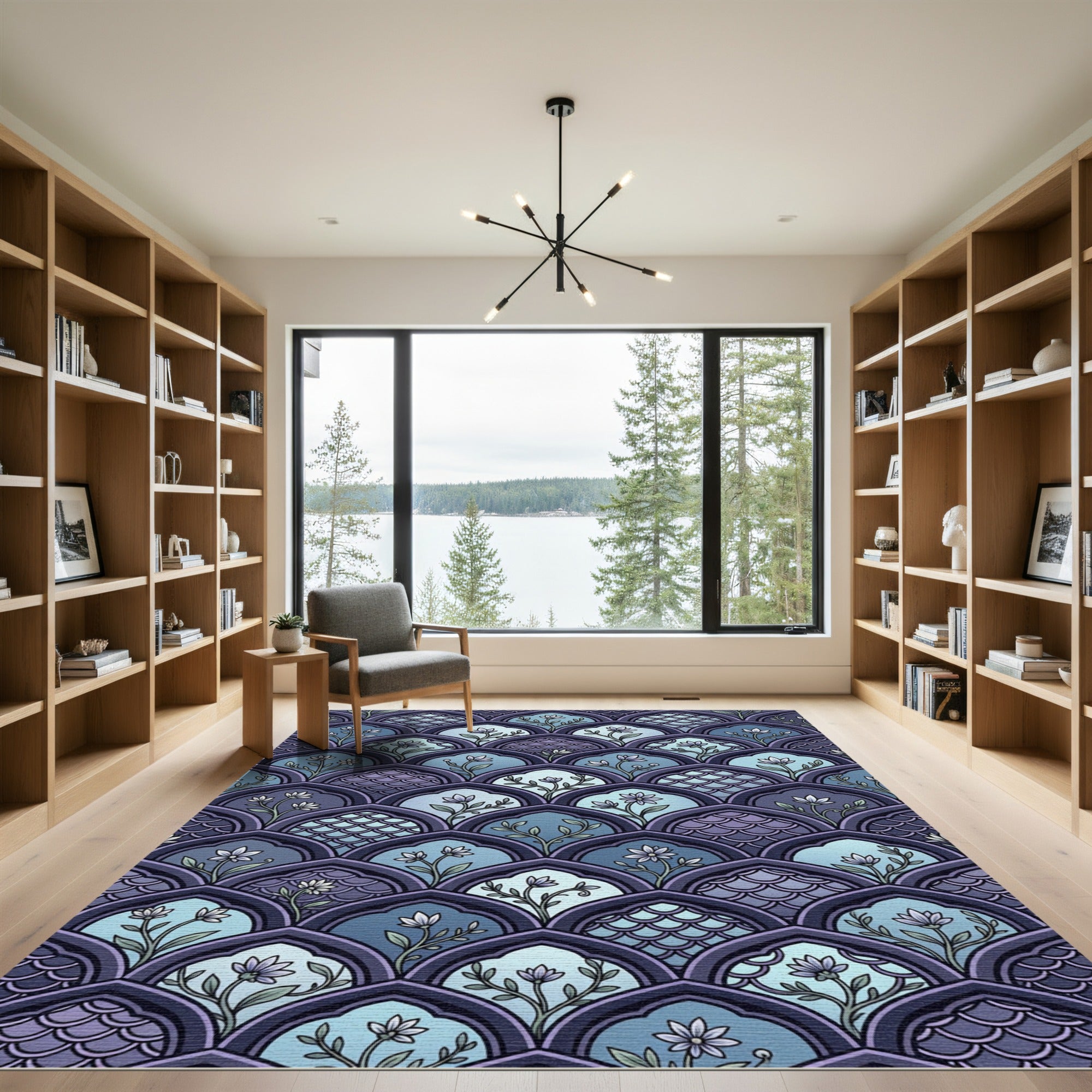 Indigo Floral Scalloped Arch Tile Rug