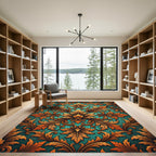 Ornate Golden Acanthus Teal Damask Rug