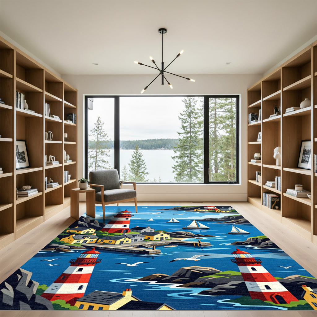 Coastal Village Red White Lighthouses Yachts Rug