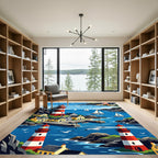 Coastal Village Red White Lighthouses Yachts Rug