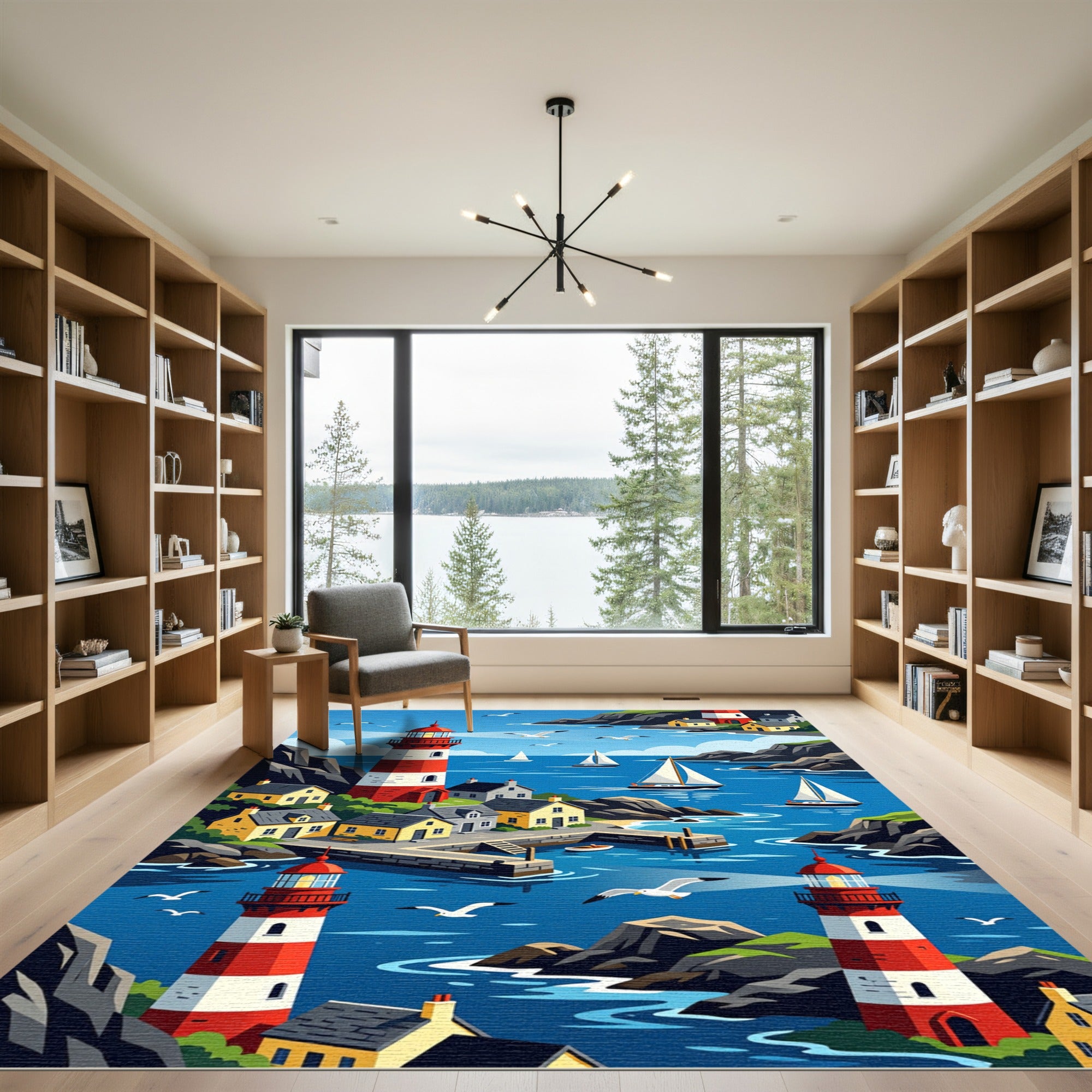 Coastal Village Red White Lighthouses Yachts Rug