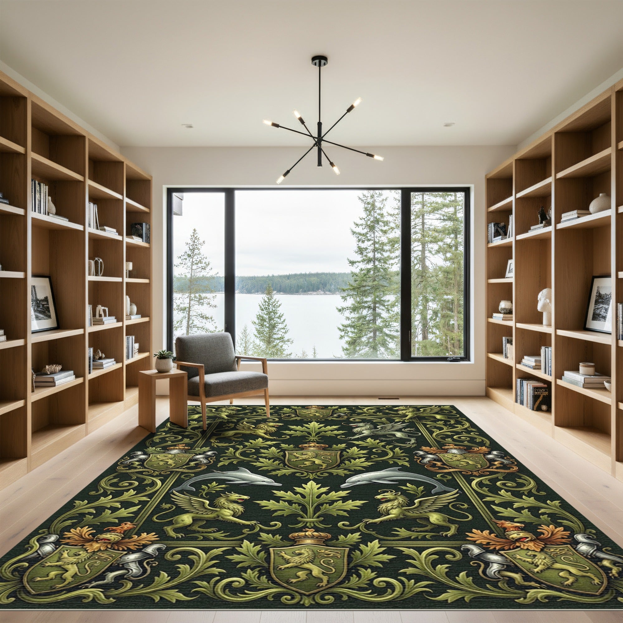 Ornate Green Griffins Shields Dolphins Rug