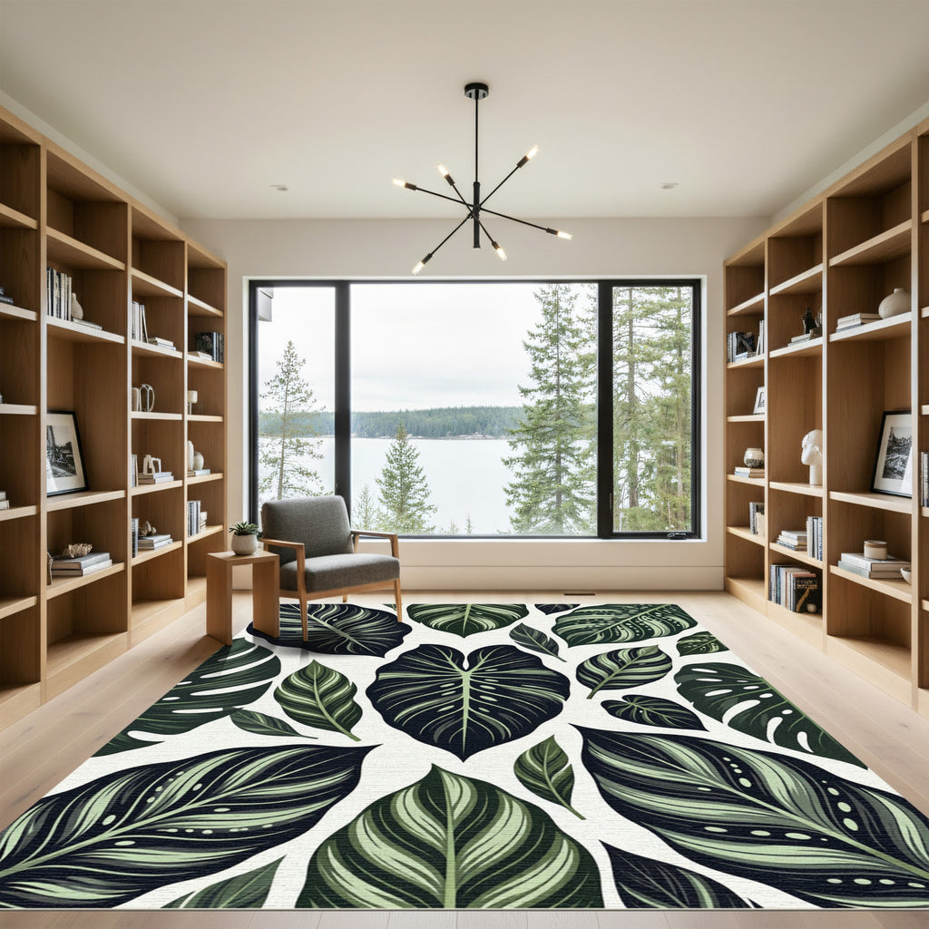 Dark Green Tropical Leaf Scatter Rug