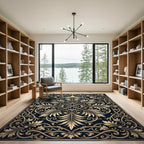 Elegant Gold Damask Scroll Black Tapestry Rug