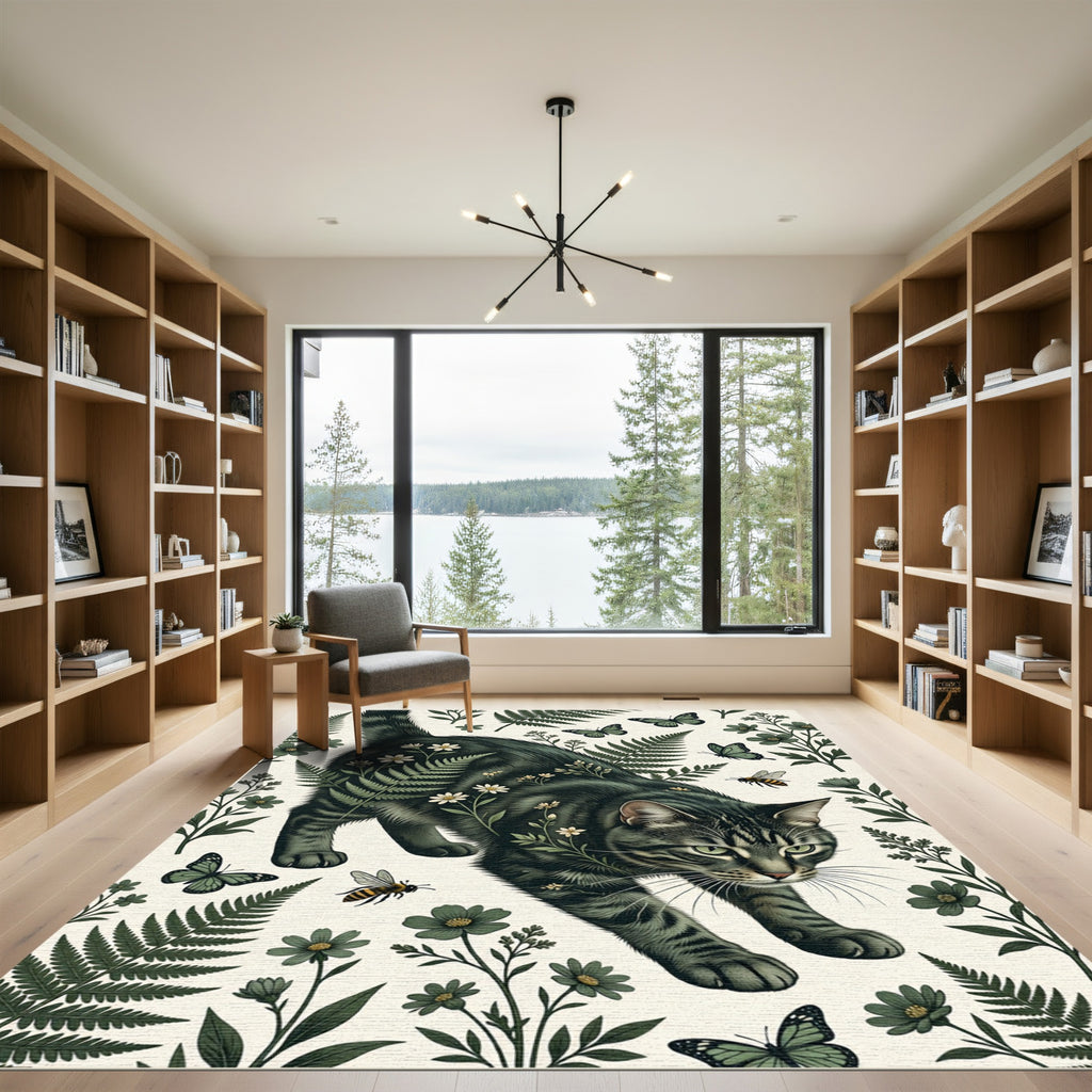 Whimsical Dark Forest Cat Fern Meadow Rug