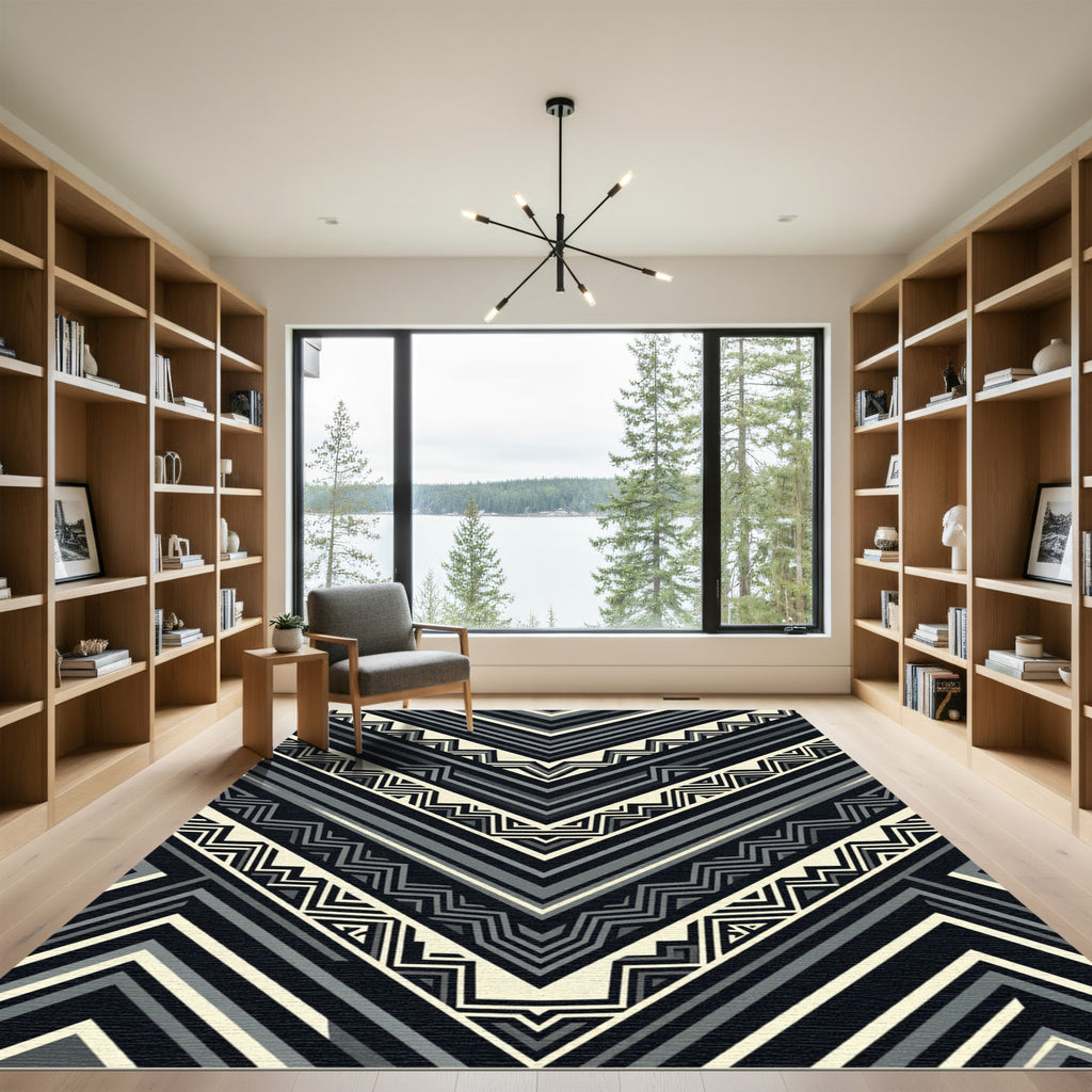 Monochromatic Chevron Geometric Black Gray Rug