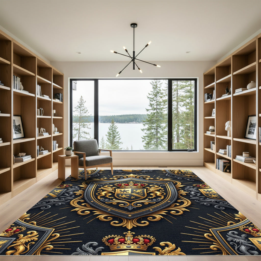 Royal Gold and Charcoal Heraldic Crest Rug