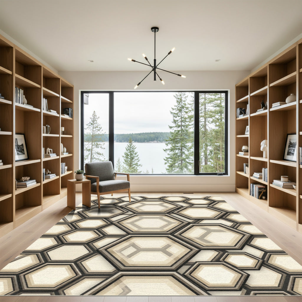 Sophisticated Neutral Geometric Hexagon Rug