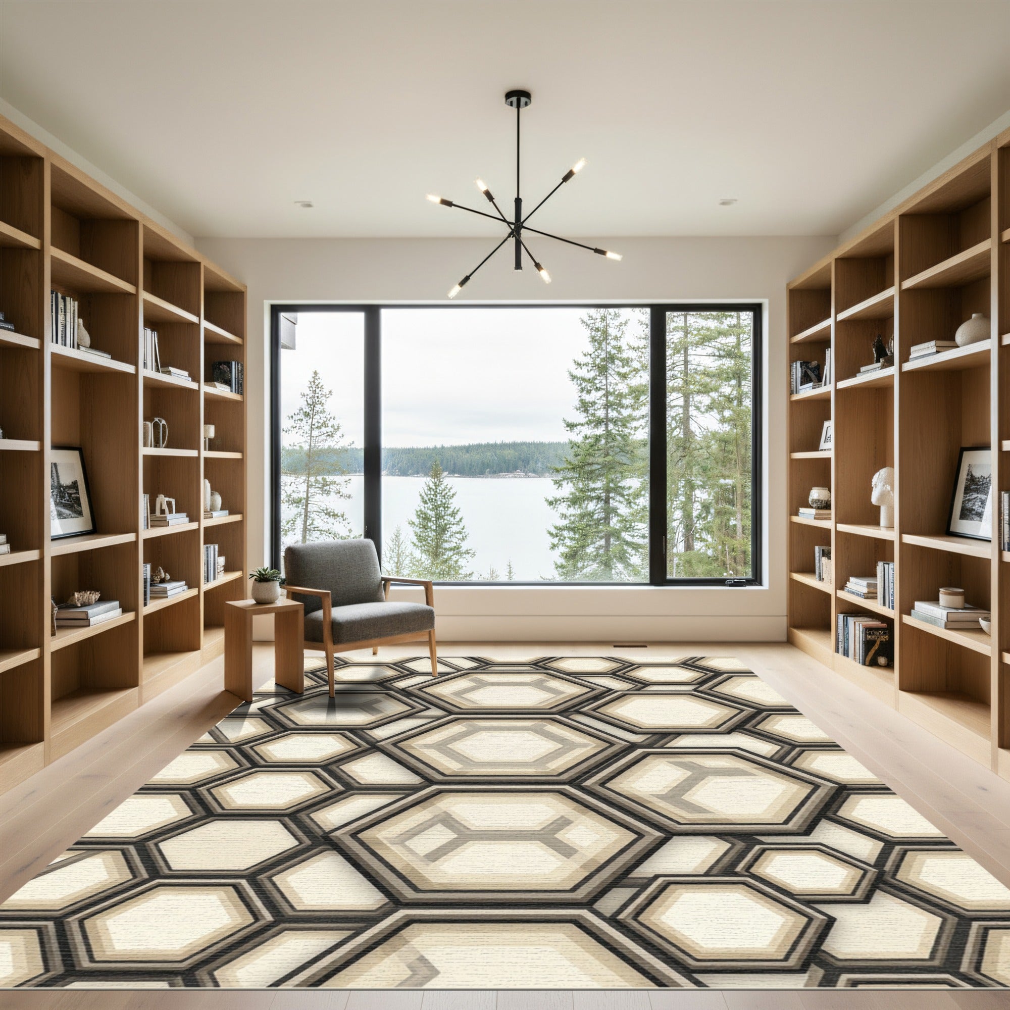 Sophisticated Neutral Geometric Hexagon Rug