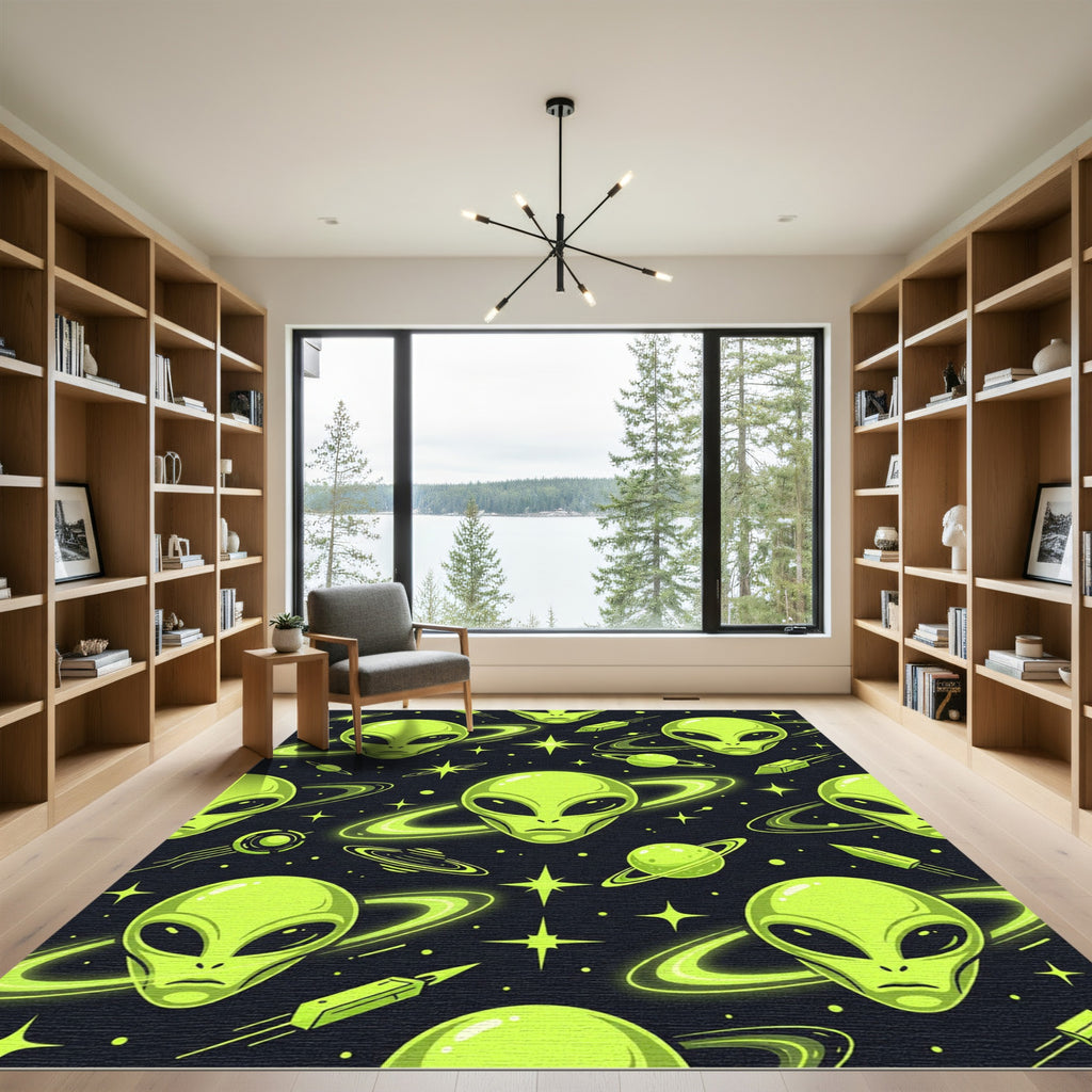 Neon Green Alien Planet Space Art Rug