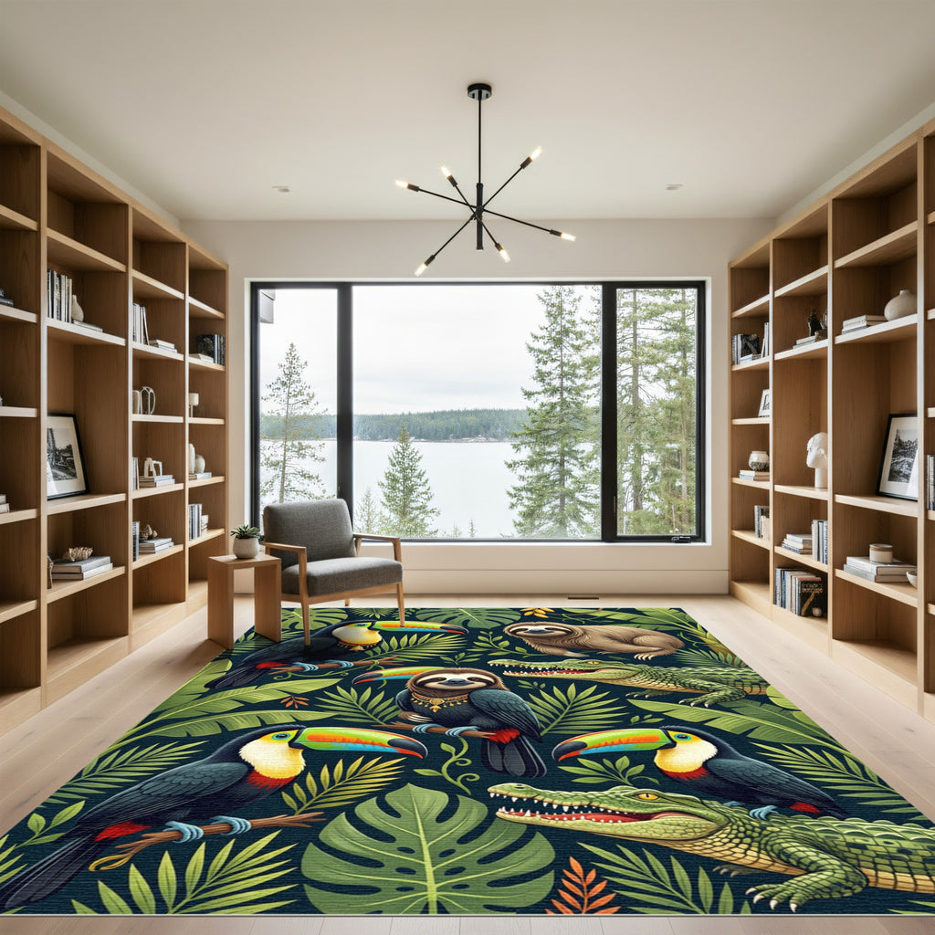 Vibrant Jungle Toucan Sloth Crocodile Foliage Rug