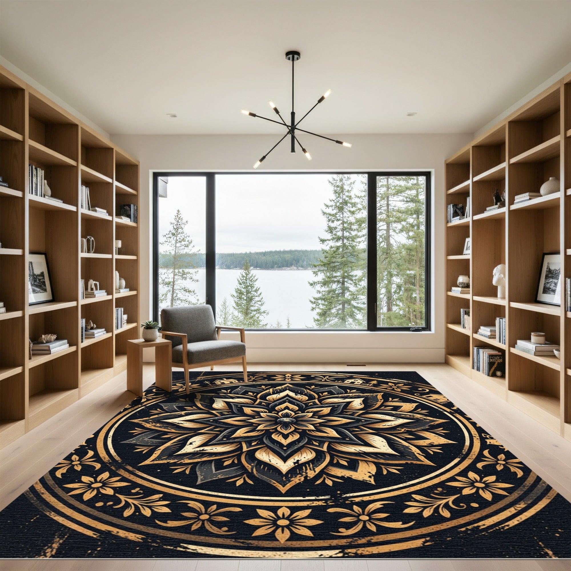 Black and Gold Celestial Floral Mandala Rug