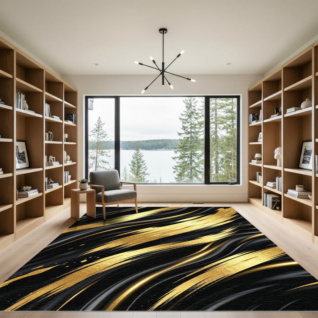 Luxury Black Gold Abstract Fluid Flow Rug