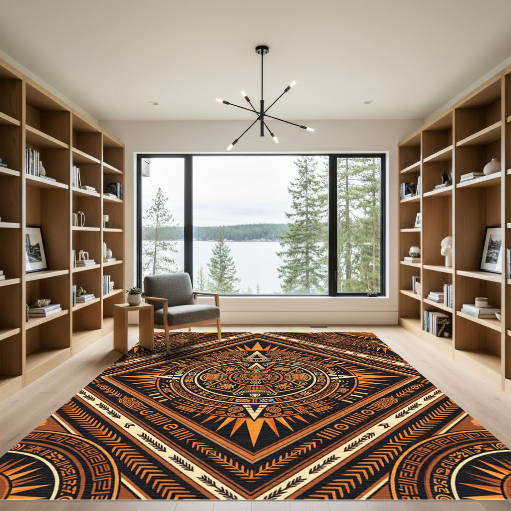 Aztec Sun Orange Geometric Diamond Rug