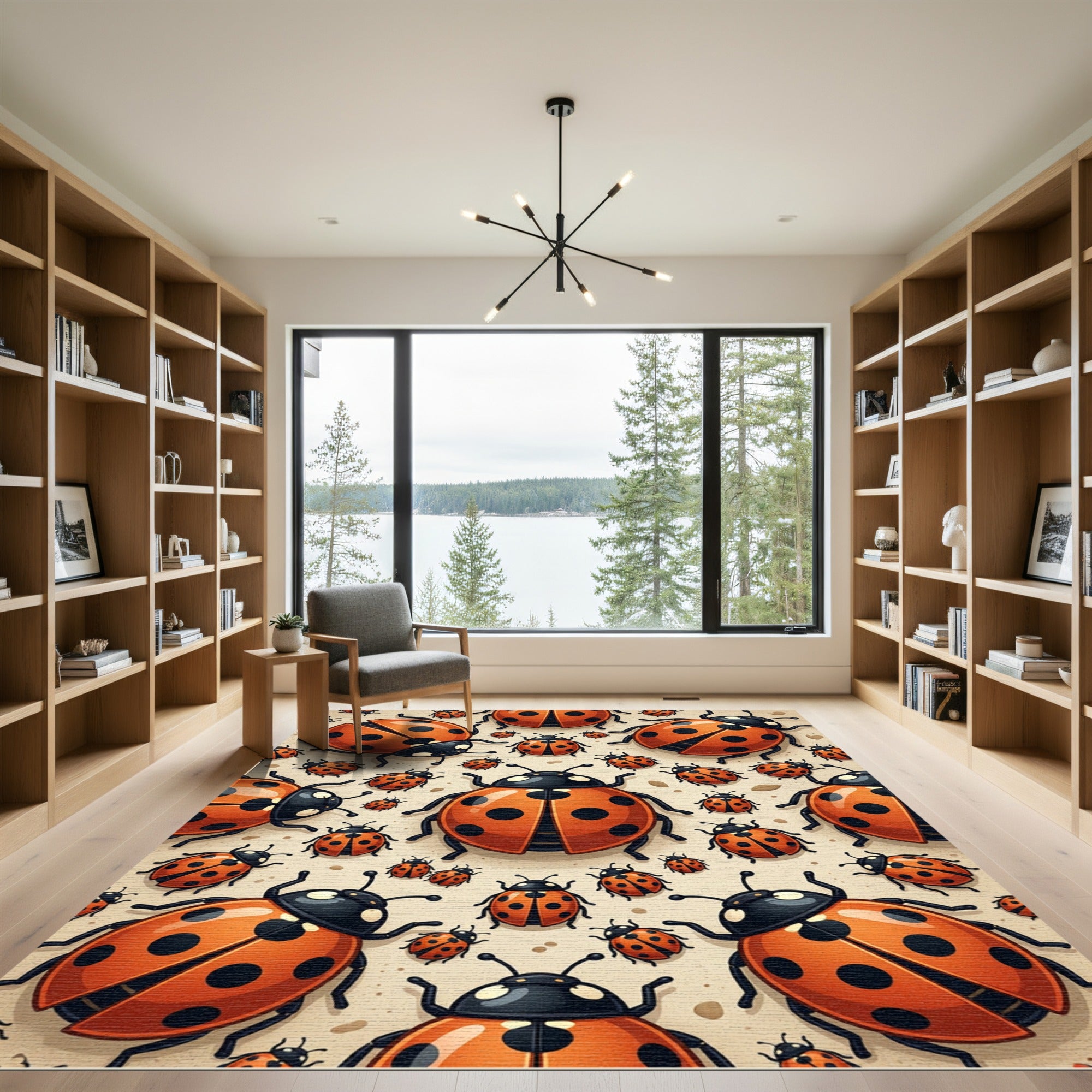 Whimsical Orange Ladybug Garden Illustration Rug