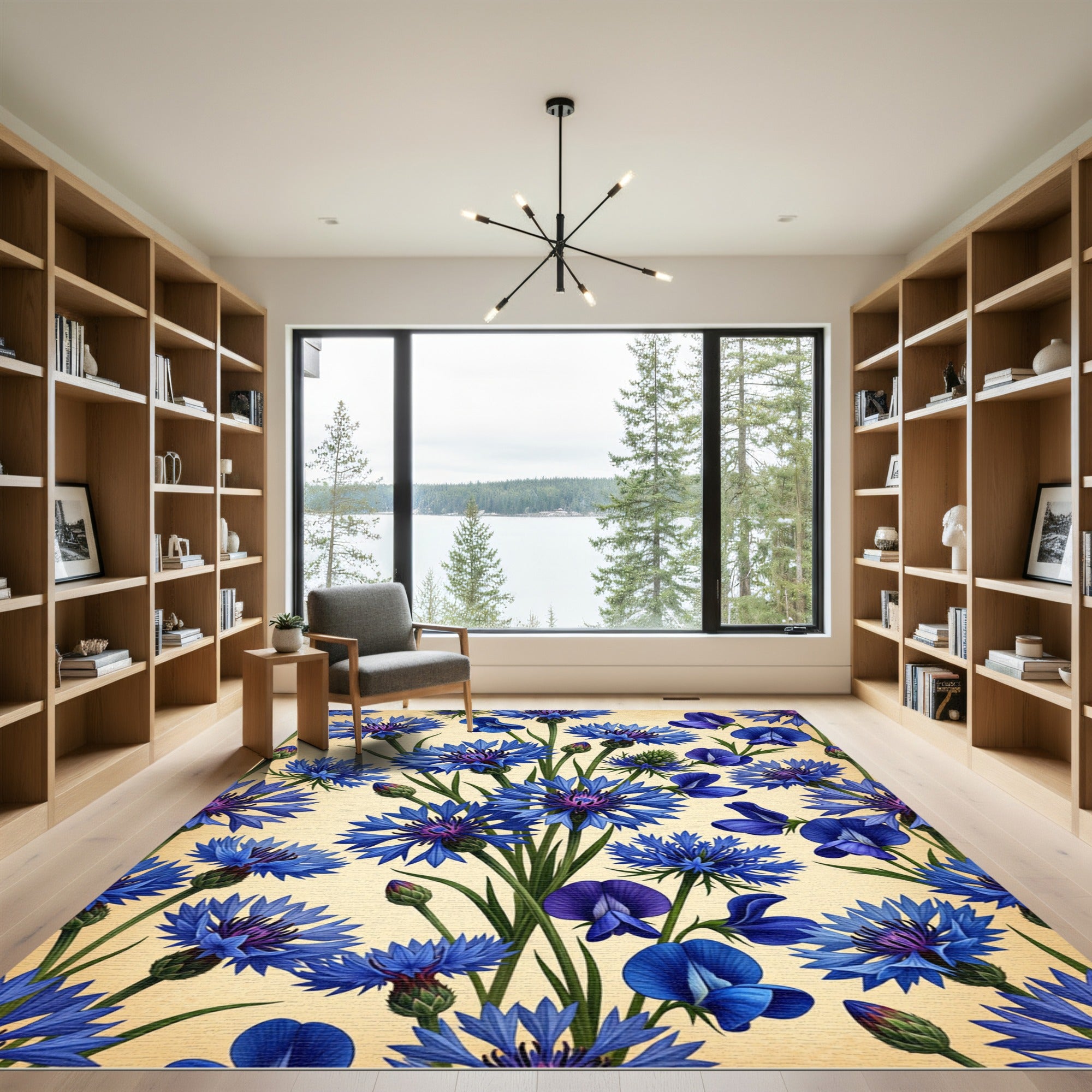 Blue Cornflower Blooms Botanical Scene Rug