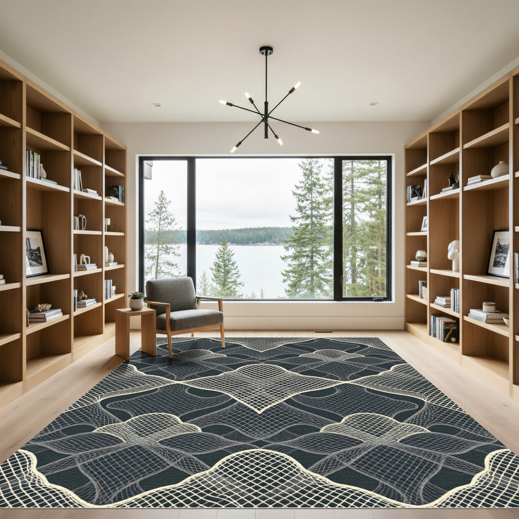 Sophisticated Charcoal Cream Geometric Lattice Rug