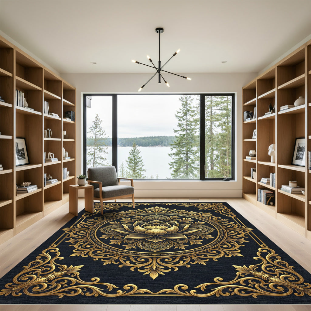 Golden Lotus Floral Medallion Black Backdrop Rug