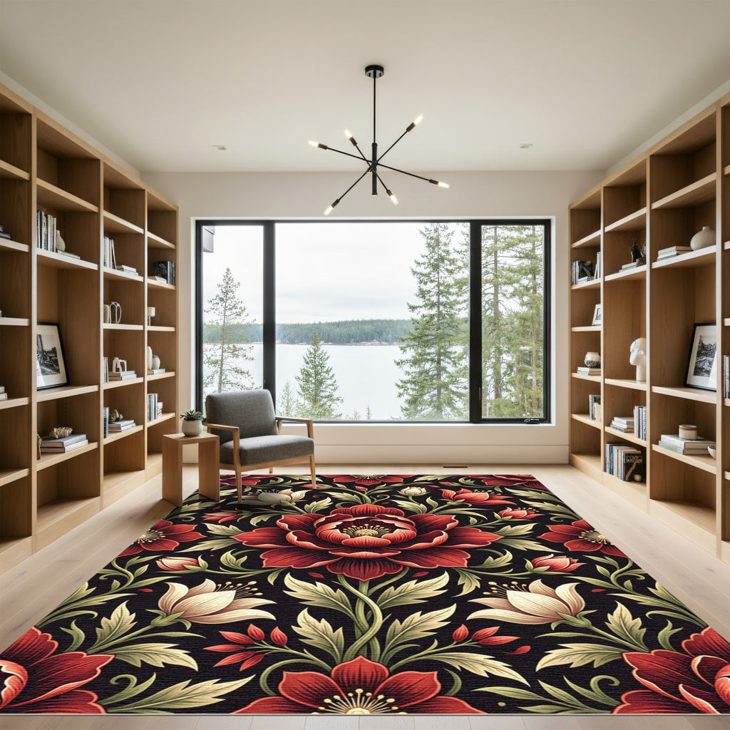 Dark Crimson Floral Botanical Arrangement Rug