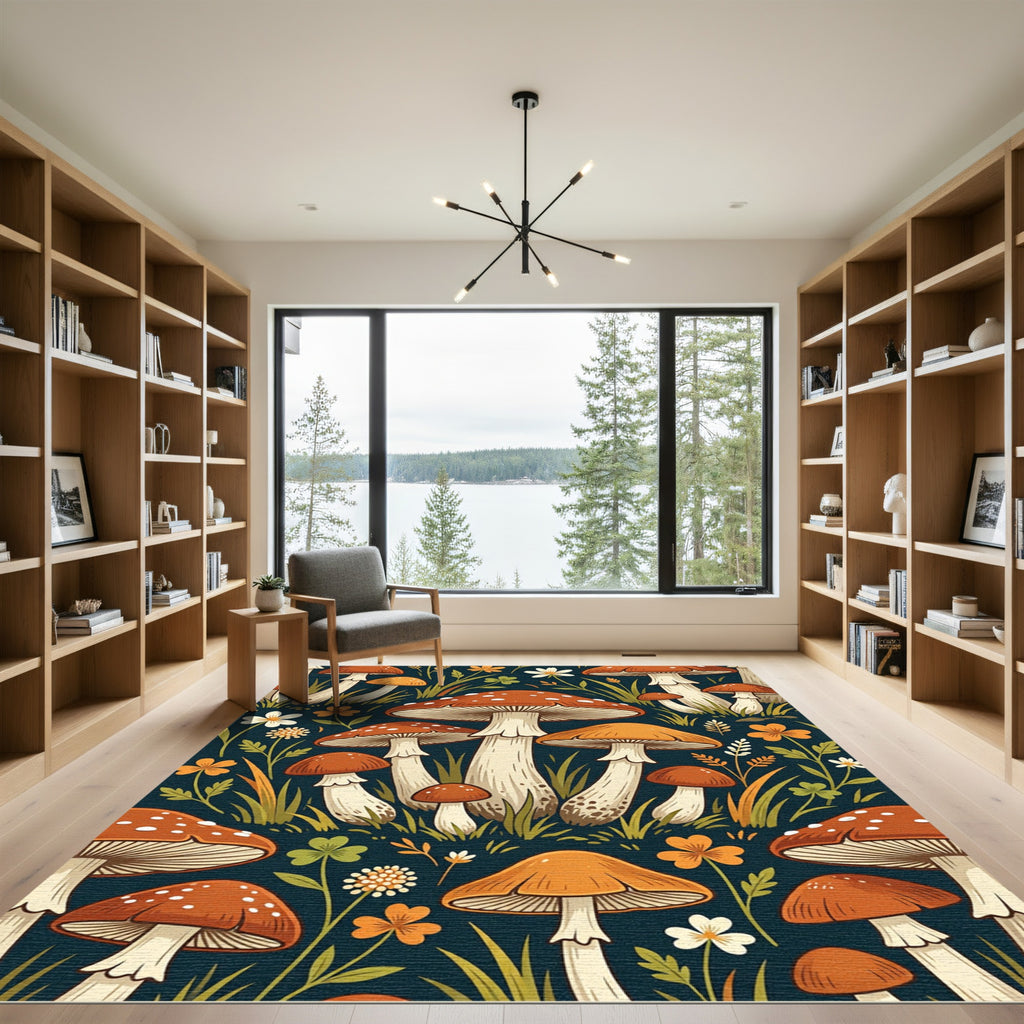 Whimsical Botanical Mushroom Forest Earthy Tones Rug
