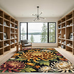 Golden Chrysanthemum Floral Black Botanical Rug