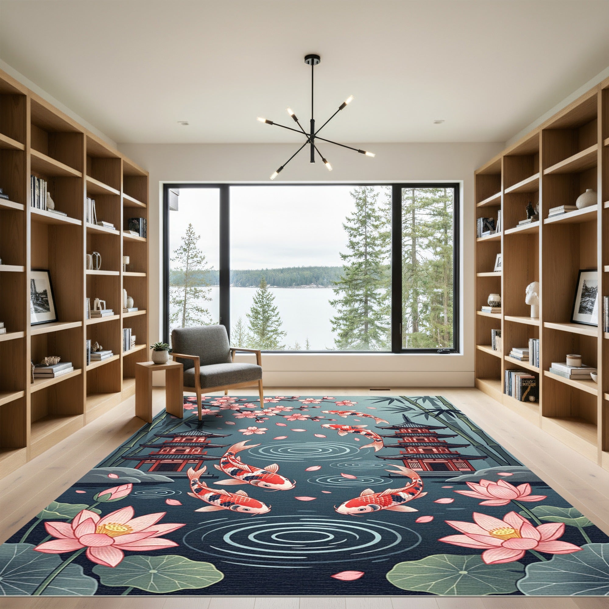 Koi Fish Pagoda Cherry Blossom Pond Rug