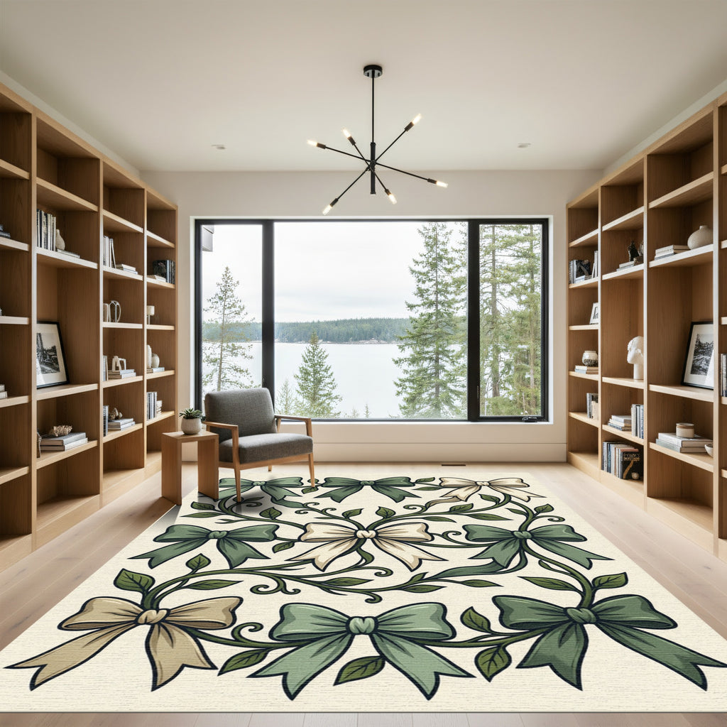 Sage Botanical Ribbon and Vine Illustration Rug
