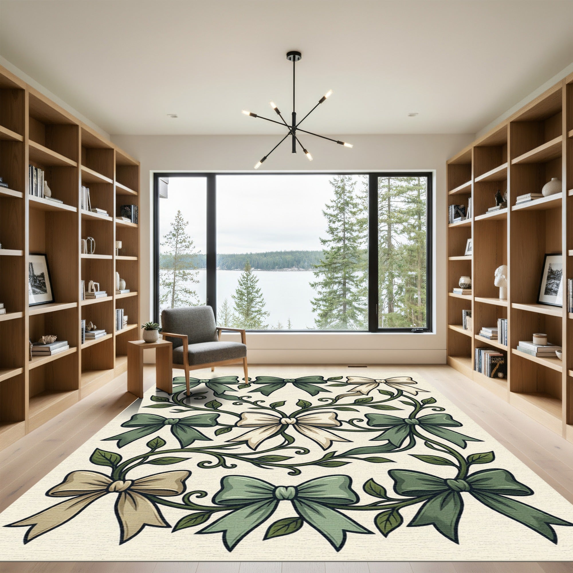 Sage Botanical Ribbon and Vine Illustration Rug