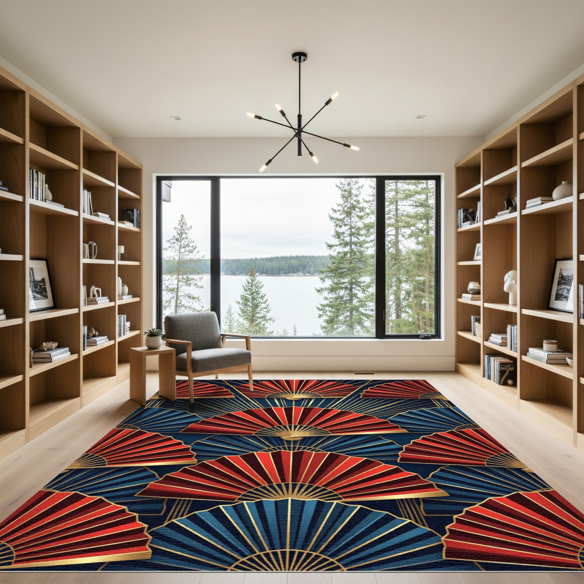Art Deco Crimson and Midnight Fan Rug