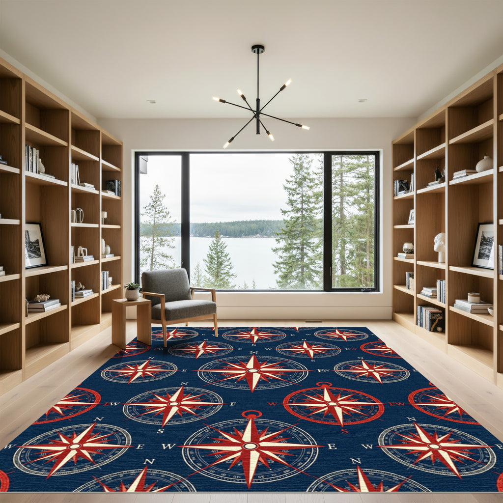 Navy Red Nautical Compass Star Rug