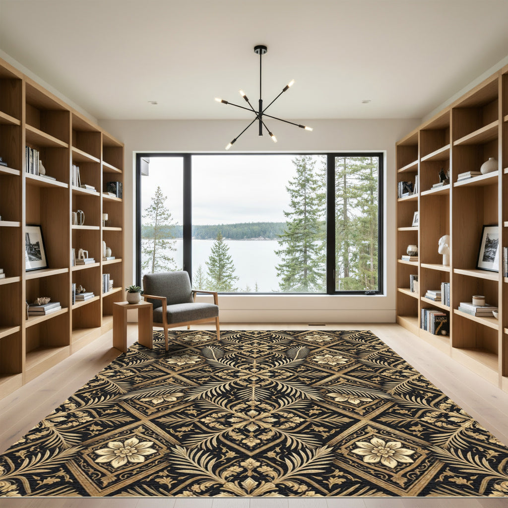 Gold Floral Vine Lattice Rug